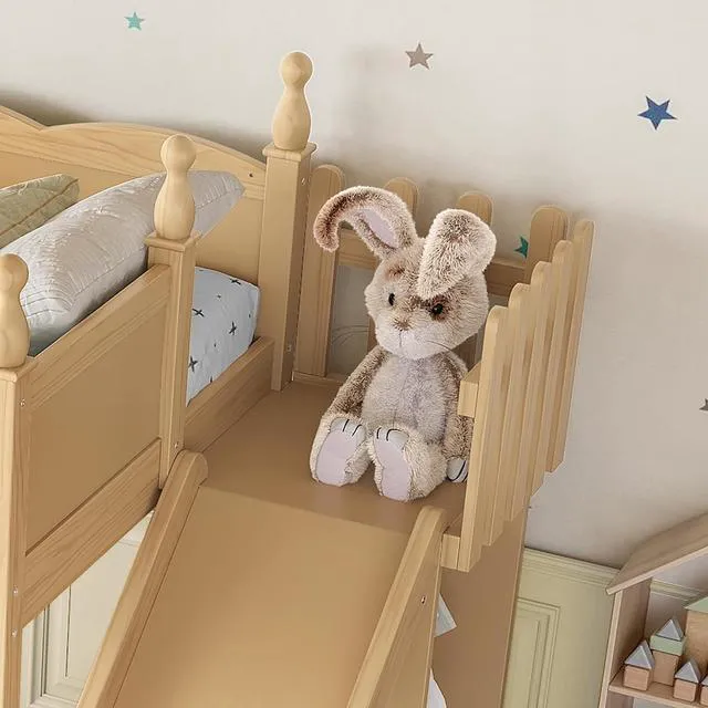 Alt view image 4 of 7 - Kids Loft Bed with Slide and Storage Shelves, Pine Wood Loft Bed with Wardrobe for Boys Girls, Twin Size, Natural