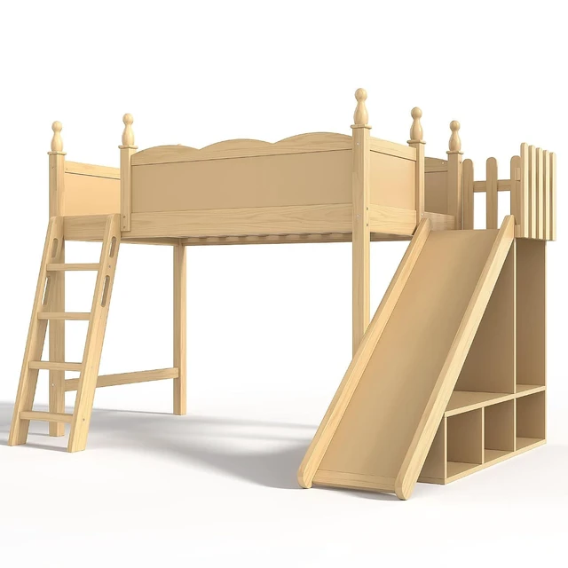 Alt view image 6 of 7 - Kids Loft Bed with Slide and Storage Shelves, Pine Wood Loft Bed with Wardrobe for Boys Girls, Twin Size, Natural