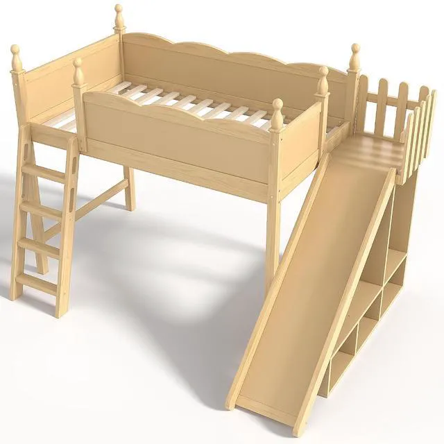 Alt view image 7 of 7 - Kids Loft Bed with Slide and Storage Shelves, Pine Wood Loft Bed with Wardrobe for Boys Girls, Twin Size, Natural