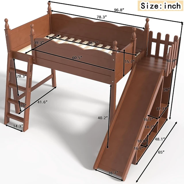 Alt view image 2 of 7 - Kids Loft Bed with Slide and Storage Shelves, Pine Wood Loft Bed with Wardrobe for Boys Girls, Twin Size, Antique Natural