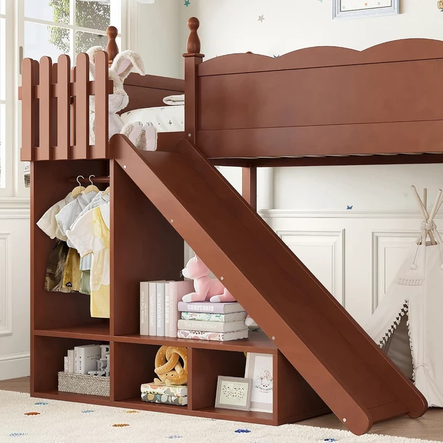 Alt view image 3 of 7 - Kids Loft Bed with Slide and Storage Shelves, Pine Wood Loft Bed with Wardrobe for Boys Girls, Twin Size, Antique Natural