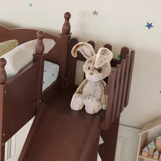 Alt view image 4 of 7 - Kids Loft Bed with Slide and Storage Shelves, Pine Wood Loft Bed with Wardrobe for Boys Girls, Twin Size, Antique Natural