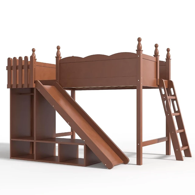 Alt view image 6 of 7 - Kids Loft Bed with Slide and Storage Shelves, Pine Wood Loft Bed with Wardrobe for Boys Girls, Twin Size, Antique Natural