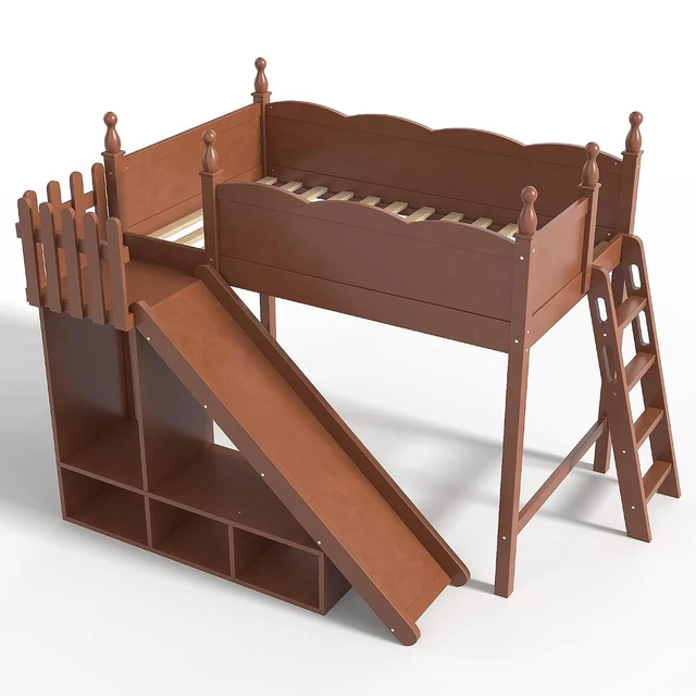 Alt view image 7 of 7 - Kids Loft Bed with Slide and Storage Shelves, Pine Wood Loft Bed with Wardrobe for Boys Girls, Twin Size, Antique Natural