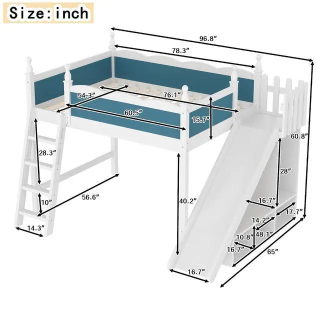 Alt view image 2 of 7 - Kids Loft Bed with Slide and Storage Shelves, Pine Wood Loft Bed with Wardrobe for Boys Girls, Full Size, White+Blue