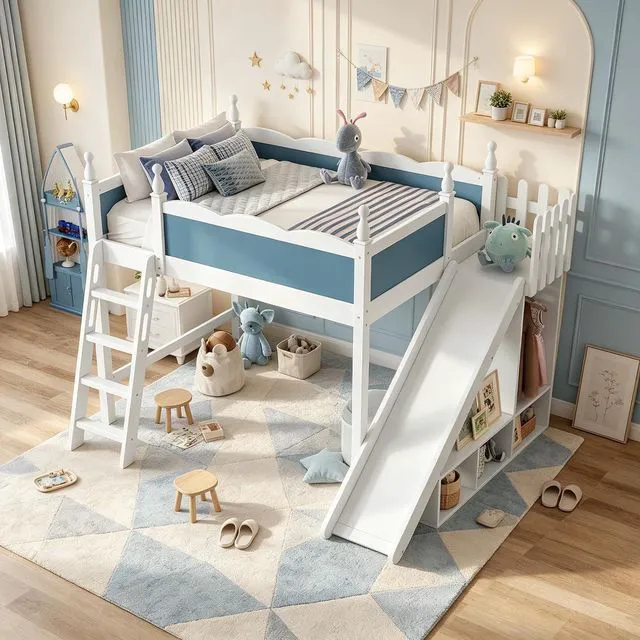 Main image of Kids Loft Bed with Slide and Storage Shelves, Pine Wood Loft Bed with Wardrobe for Boys Girls, Full Size, White+Blue