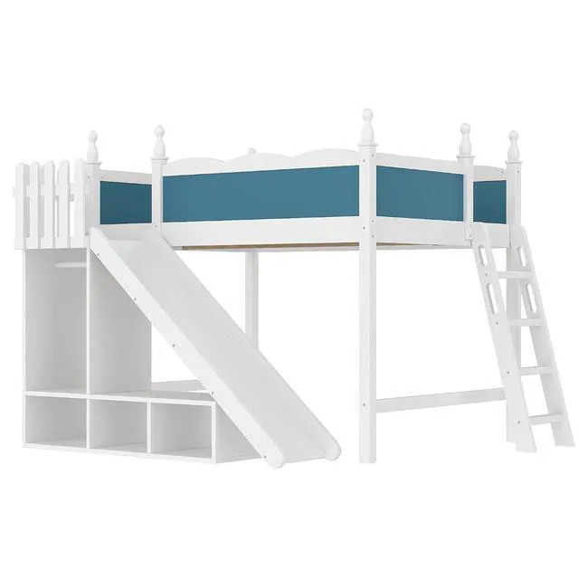 Alt view image 4 of 7 - Kids Loft Bed with Slide and Storage Shelves, Pine Wood Loft Bed with Wardrobe for Boys Girls, Full Size, White+Blue
