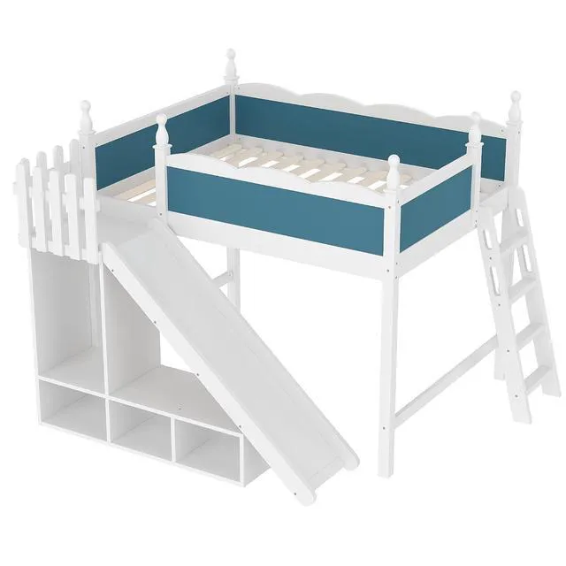 Alt view image 5 of 7 - Kids Loft Bed with Slide and Storage Shelves, Pine Wood Loft Bed with Wardrobe for Boys Girls, Full Size, White+Blue