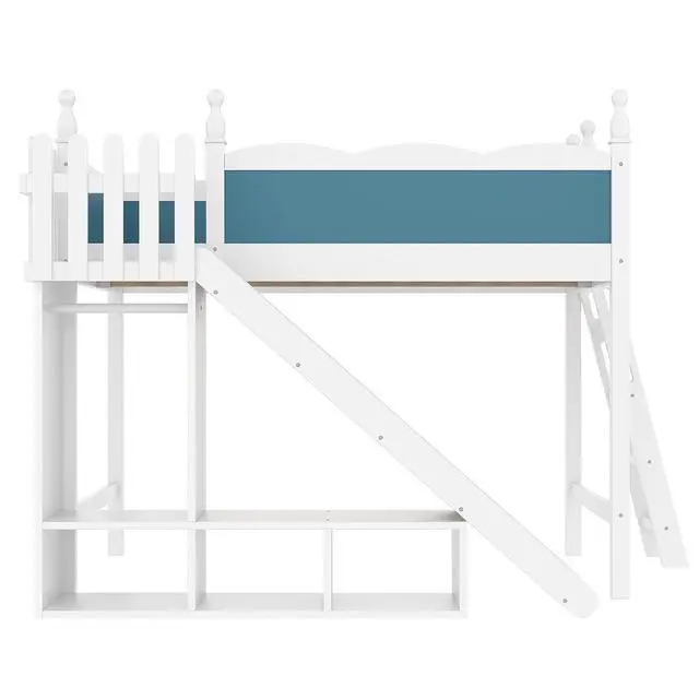 Alt view image 6 of 7 - Kids Loft Bed with Slide and Storage Shelves, Pine Wood Loft Bed with Wardrobe for Boys Girls, Full Size, White+Blue