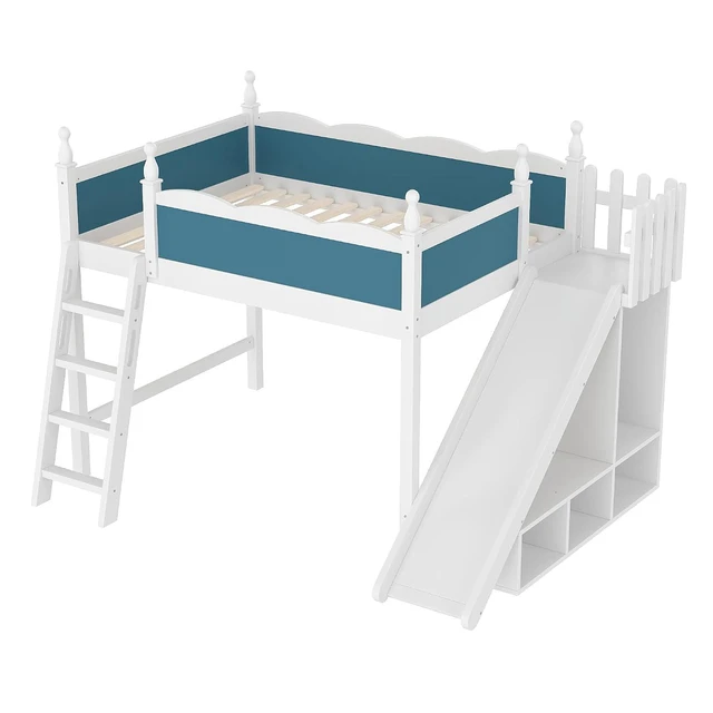 Alt view image 7 of 7 - Kids Loft Bed with Slide and Storage Shelves, Pine Wood Loft Bed with Wardrobe for Boys Girls, Full Size, White+Blue