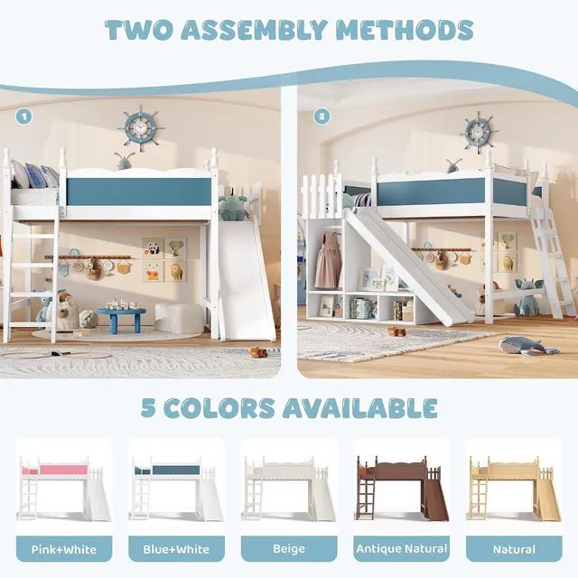 Alt view image 3 of 7 - Kids Loft Bed with Slide and Storage Shelves, Pine Wood Loft Bed with Wardrobe for Boys Girls, Queen Size, White+Blue