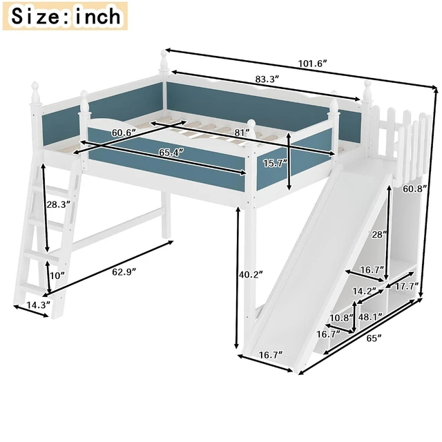 Alt view image 2 of 7 - Kids Loft Bed with Slide and Storage Shelves, Pine Wood Loft Bed with Wardrobe for Boys Girls, Queen Size, White+Blue