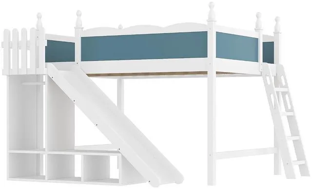 Alt view image 4 of 7 - Kids Loft Bed with Slide and Storage Shelves, Pine Wood Loft Bed with Wardrobe for Boys Girls, Queen Size, White+Blue