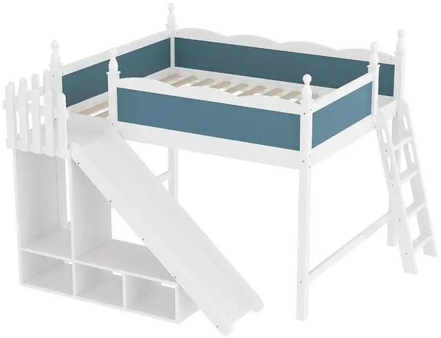Alt view image 5 of 7 - Kids Loft Bed with Slide and Storage Shelves, Pine Wood Loft Bed with Wardrobe for Boys Girls, Queen Size, White+Blue