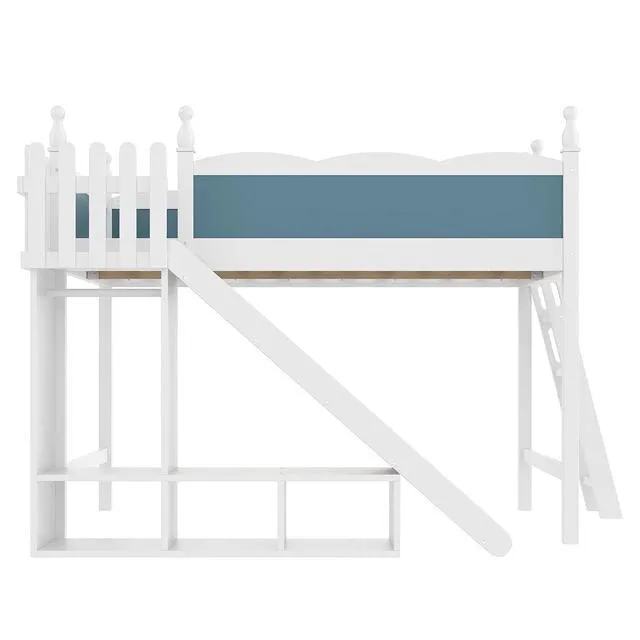 Alt view image 6 of 7 - Kids Loft Bed with Slide and Storage Shelves, Pine Wood Loft Bed with Wardrobe for Boys Girls, Queen Size, White+Blue
