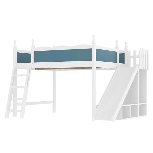 Alt view image 7 of 7 - Kids Loft Bed with Slide and Storage Shelves, Pine Wood Loft Bed with Wardrobe for Boys Girls, Queen Size, White+Blue