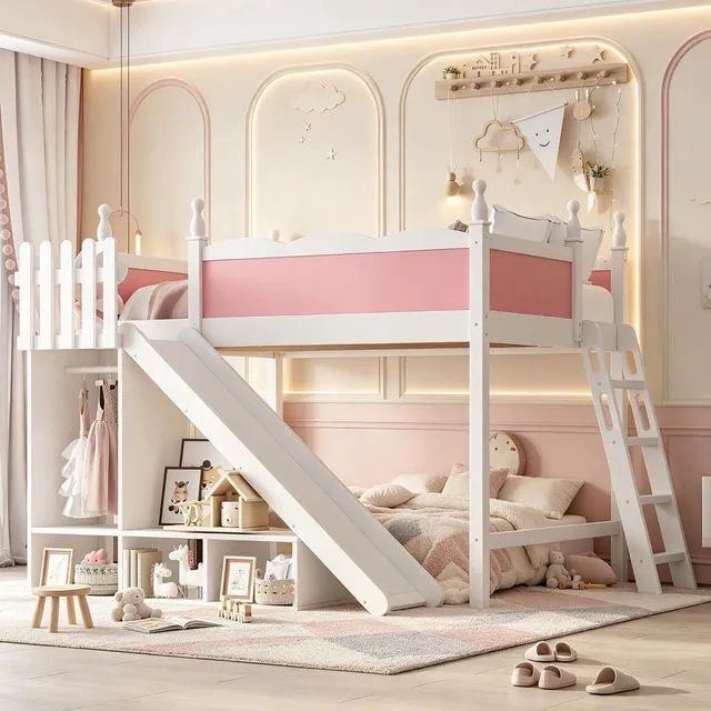 Main image of Kids Loft Bed with Slide and Storage Shelves, Pine Wood Loft Bed with Wardrobe for Boys Girls, Full Size, Pink+White