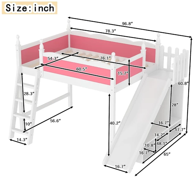 Alt view image 2 of 7 - Kids Loft Bed with Slide and Storage Shelves, Pine Wood Loft Bed with Wardrobe for Boys Girls, Full Size, Pink+White