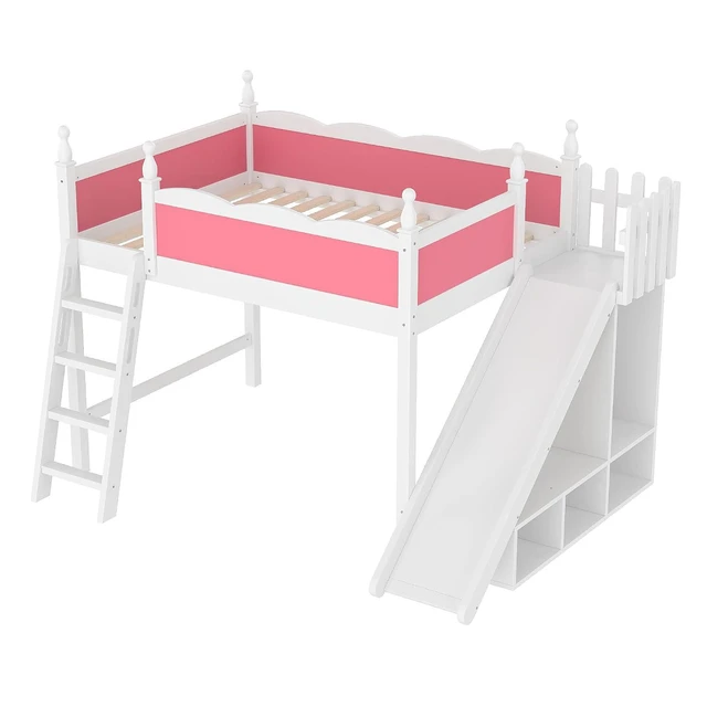 Alt view image 4 of 7 - Kids Loft Bed with Slide and Storage Shelves, Pine Wood Loft Bed with Wardrobe for Boys Girls, Full Size, Pink+White