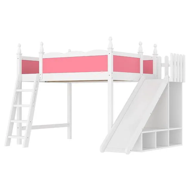 Alt view image 5 of 7 - Kids Loft Bed with Slide and Storage Shelves, Pine Wood Loft Bed with Wardrobe for Boys Girls, Full Size, Pink+White