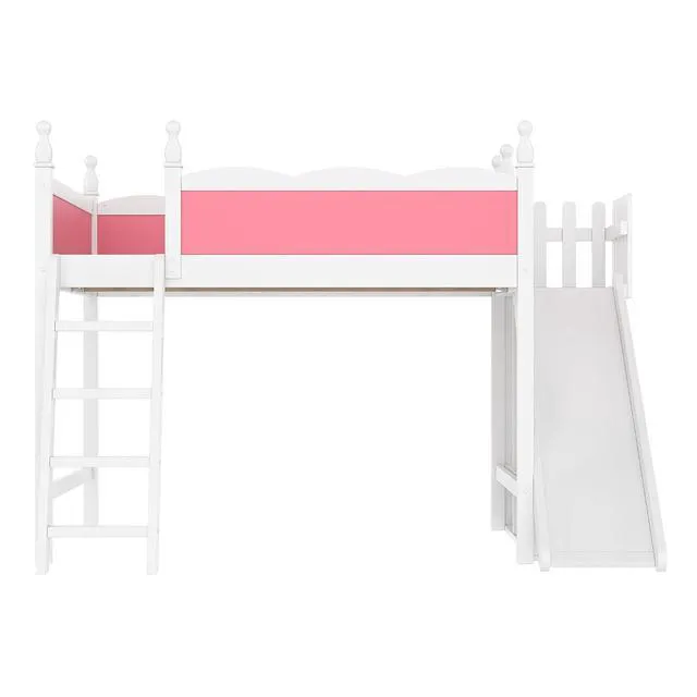 Alt view image 6 of 7 - Kids Loft Bed with Slide and Storage Shelves, Pine Wood Loft Bed with Wardrobe for Boys Girls, Full Size, Pink+White