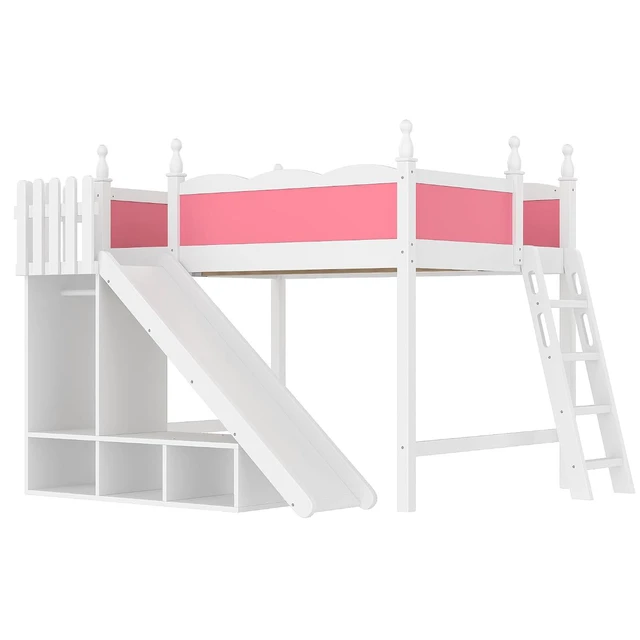 Alt view image 7 of 7 - Kids Loft Bed with Slide and Storage Shelves, Pine Wood Loft Bed with Wardrobe for Boys Girls, Full Size, Pink+White