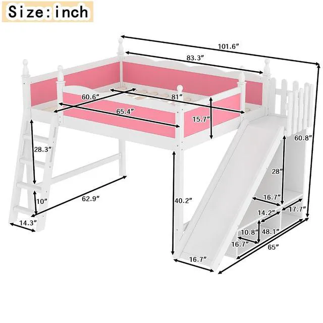Alt view image 2 of 7 - Kids Loft Bed with Slide and Storage Shelves, Pine Wood Loft Bed with Wardrobe for Boys Girls, Queen Size, Pink+White