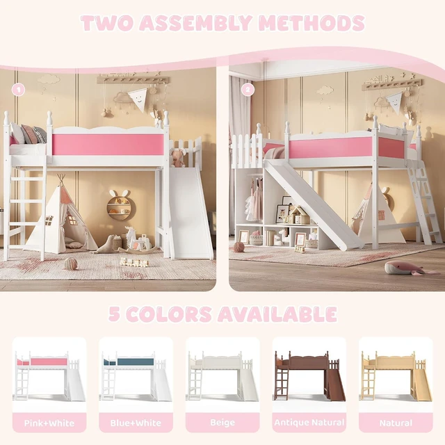 Alt view image 3 of 7 - Kids Loft Bed with Slide and Storage Shelves, Pine Wood Loft Bed with Wardrobe for Boys Girls, Queen Size, Pink+White