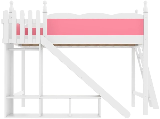 Alt view image 4 of 7 - Kids Loft Bed with Slide and Storage Shelves, Pine Wood Loft Bed with Wardrobe for Boys Girls, Queen Size, Pink+White