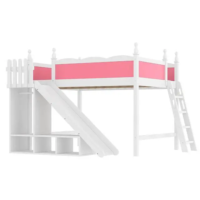 Alt view image 5 of 7 - Kids Loft Bed with Slide and Storage Shelves, Pine Wood Loft Bed with Wardrobe for Boys Girls, Queen Size, Pink+White