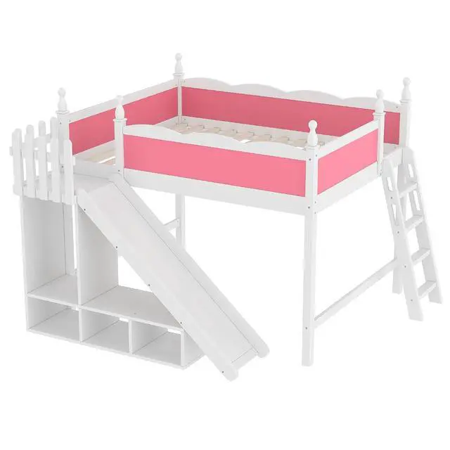 Alt view image 6 of 7 - Kids Loft Bed with Slide and Storage Shelves, Pine Wood Loft Bed with Wardrobe for Boys Girls, Queen Size, Pink+White