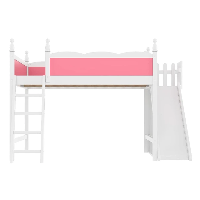 Alt view image 7 of 7 - Kids Loft Bed with Slide and Storage Shelves, Pine Wood Loft Bed with Wardrobe for Boys Girls, Queen Size, Pink+White