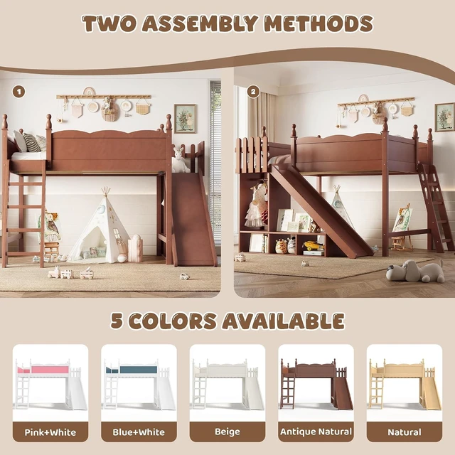Alt view image 3 of 7 - Kids Loft Bed with Slide and Storage Shelves, Pine Wood Loft Bed with Wardrobe for Boys Girls, Full Size, Antique Natural