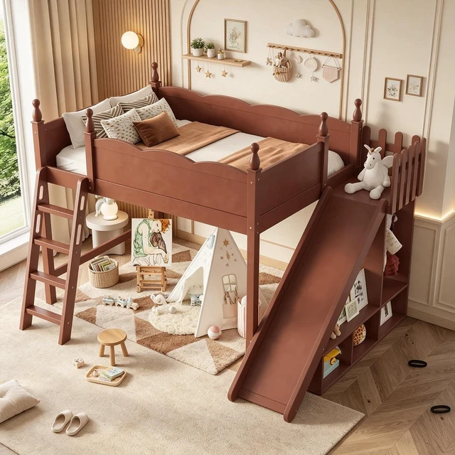 Main image of Kids Loft Bed with Slide and Storage Shelves, Pine Wood Loft Bed with Wardrobe for Boys Girls, Full Size, Antique Natural