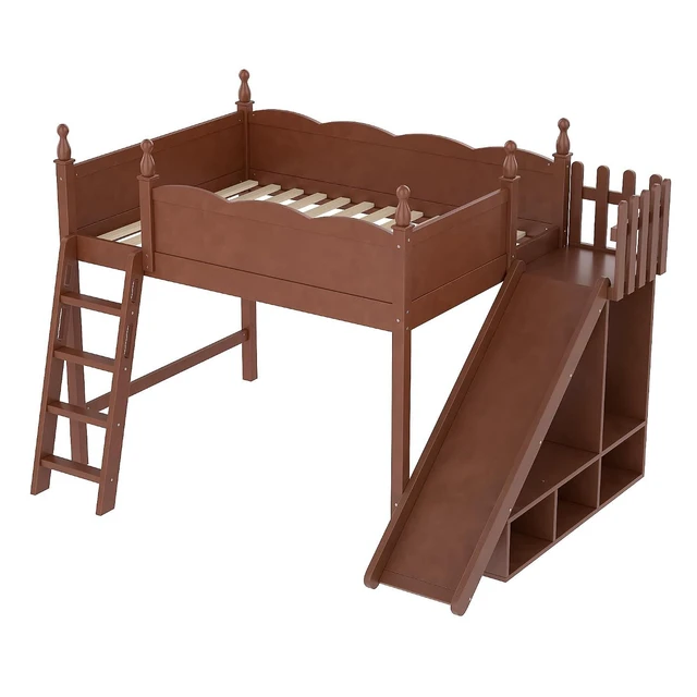 Alt view image 4 of 7 - Kids Loft Bed with Slide and Storage Shelves, Pine Wood Loft Bed with Wardrobe for Boys Girls, Full Size, Antique Natural