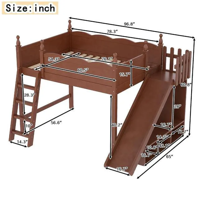 Alt view image 2 of 7 - Kids Loft Bed with Slide and Storage Shelves, Pine Wood Loft Bed with Wardrobe for Boys Girls, Full Size, Antique Natural