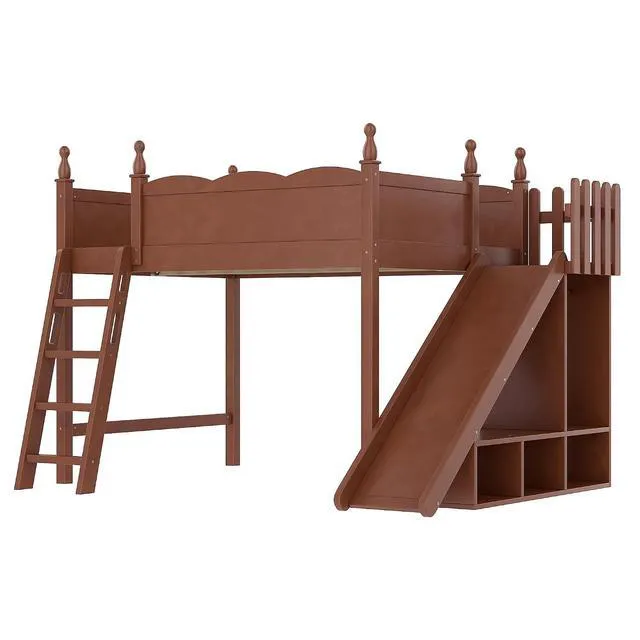 Alt view image 5 of 7 - Kids Loft Bed with Slide and Storage Shelves, Pine Wood Loft Bed with Wardrobe for Boys Girls, Full Size, Antique Natural