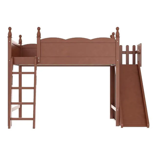 Alt view image 6 of 7 - Kids Loft Bed with Slide and Storage Shelves, Pine Wood Loft Bed with Wardrobe for Boys Girls, Full Size, Antique Natural