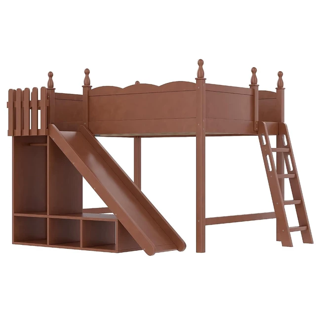 Alt view image 7 of 7 - Kids Loft Bed with Slide and Storage Shelves, Pine Wood Loft Bed with Wardrobe for Boys Girls, Full Size, Antique Natural