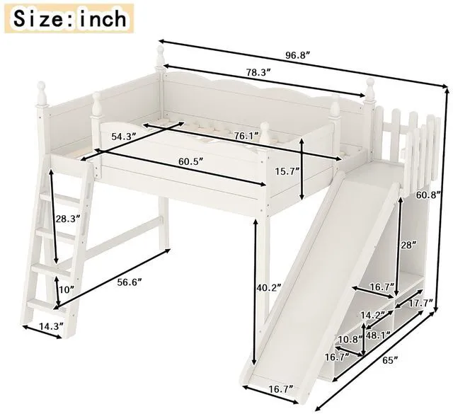 Alt view image 2 of 7 - Kids Loft Bed with Slide and Storage Shelves, Pine Wood Loft Bed with Wardrobe for Boys Girls, Full Size, Beige