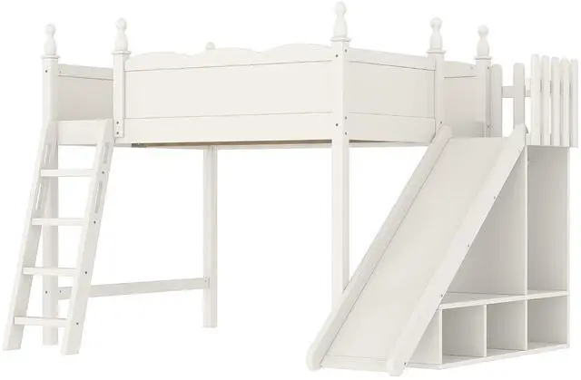 Alt view image 5 of 7 - Kids Loft Bed with Slide and Storage Shelves, Pine Wood Loft Bed with Wardrobe for Boys Girls, Full Size, Beige