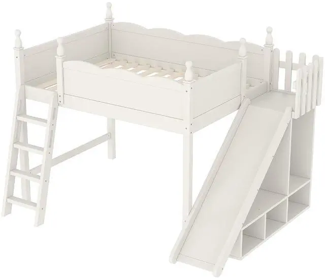 Alt view image 4 of 7 - Kids Loft Bed with Slide and Storage Shelves, Pine Wood Loft Bed with Wardrobe for Boys Girls, Full Size, Beige
