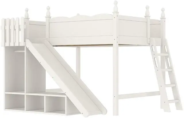 Alt view image 7 of 7 - Kids Loft Bed with Slide and Storage Shelves, Pine Wood Loft Bed with Wardrobe for Boys Girls, Full Size, Beige