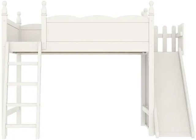 Alt view image 6 of 7 - Kids Loft Bed with Slide and Storage Shelves, Pine Wood Loft Bed with Wardrobe for Boys Girls, Full Size, Beige