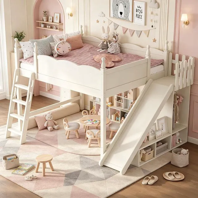 Main image of Kids Loft Bed with Slide and Storage Shelves, Pine Wood Loft Bed with Wardrobe for Boys Girls, Queen Size, Beige