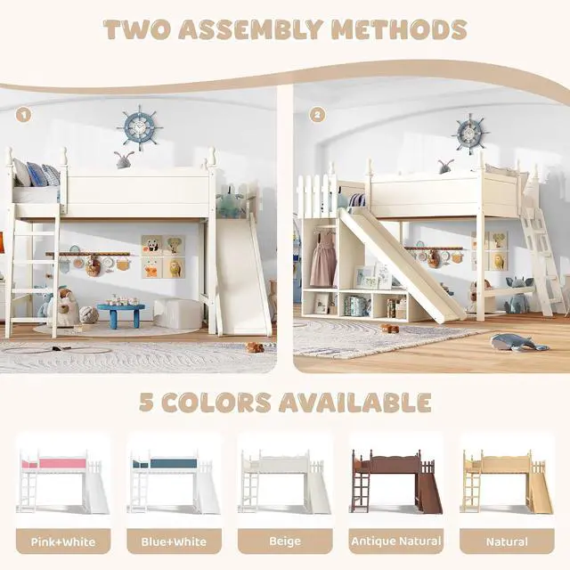 Alt view image 3 of 7 - Kids Loft Bed with Slide and Storage Shelves, Pine Wood Loft Bed with Wardrobe for Boys Girls, Full Size, Beige