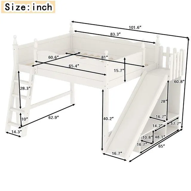 Alt view image 2 of 7 - Kids Loft Bed with Slide and Storage Shelves, Pine Wood Loft Bed with Wardrobe for Boys Girls, Queen Size, Beige