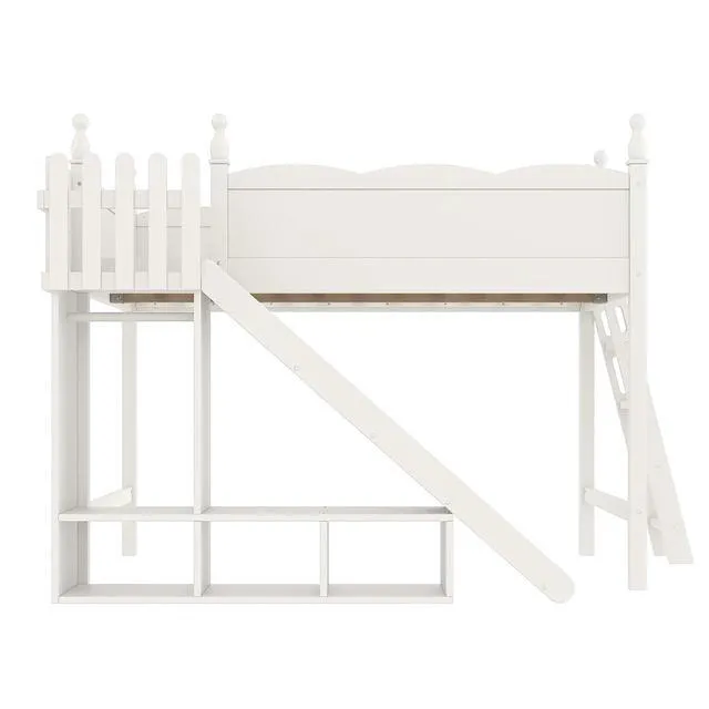 Alt view image 4 of 7 - Kids Loft Bed with Slide and Storage Shelves, Pine Wood Loft Bed with Wardrobe for Boys Girls, Queen Size, Beige