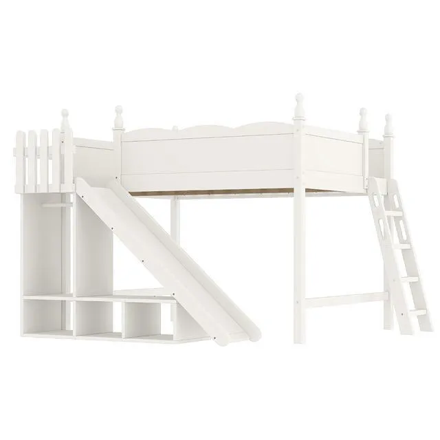 Alt view image 5 of 7 - Kids Loft Bed with Slide and Storage Shelves, Pine Wood Loft Bed with Wardrobe for Boys Girls, Queen Size, Beige