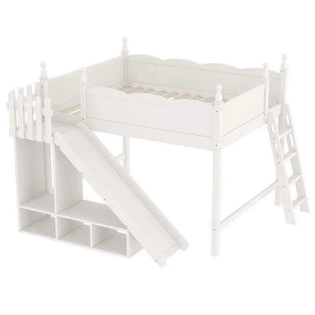 Alt view image 6 of 7 - Kids Loft Bed with Slide and Storage Shelves, Pine Wood Loft Bed with Wardrobe for Boys Girls, Queen Size, Beige